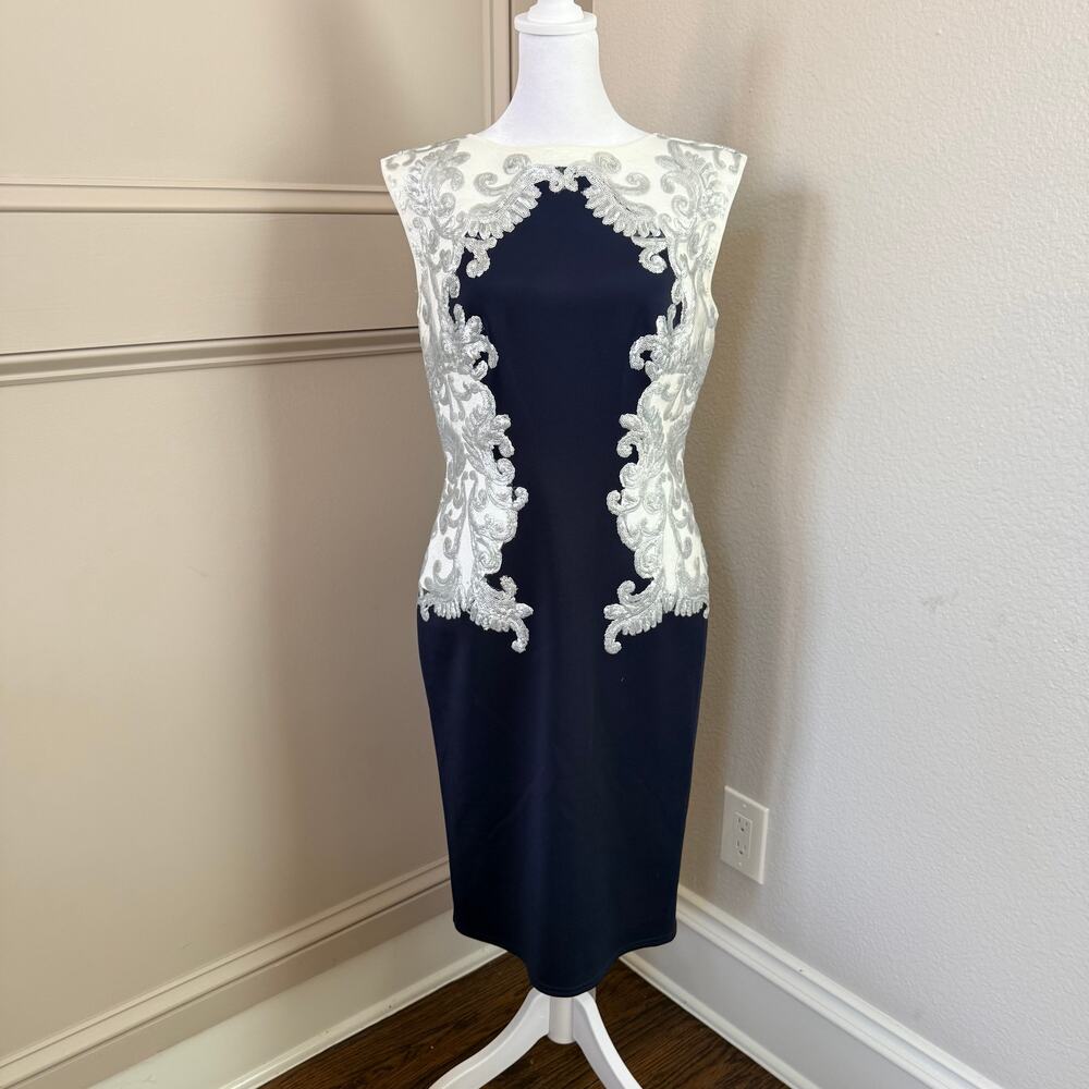 Tadashi Shoji Navy Ivory Silver Sequin Embroidered Sheath Dress M